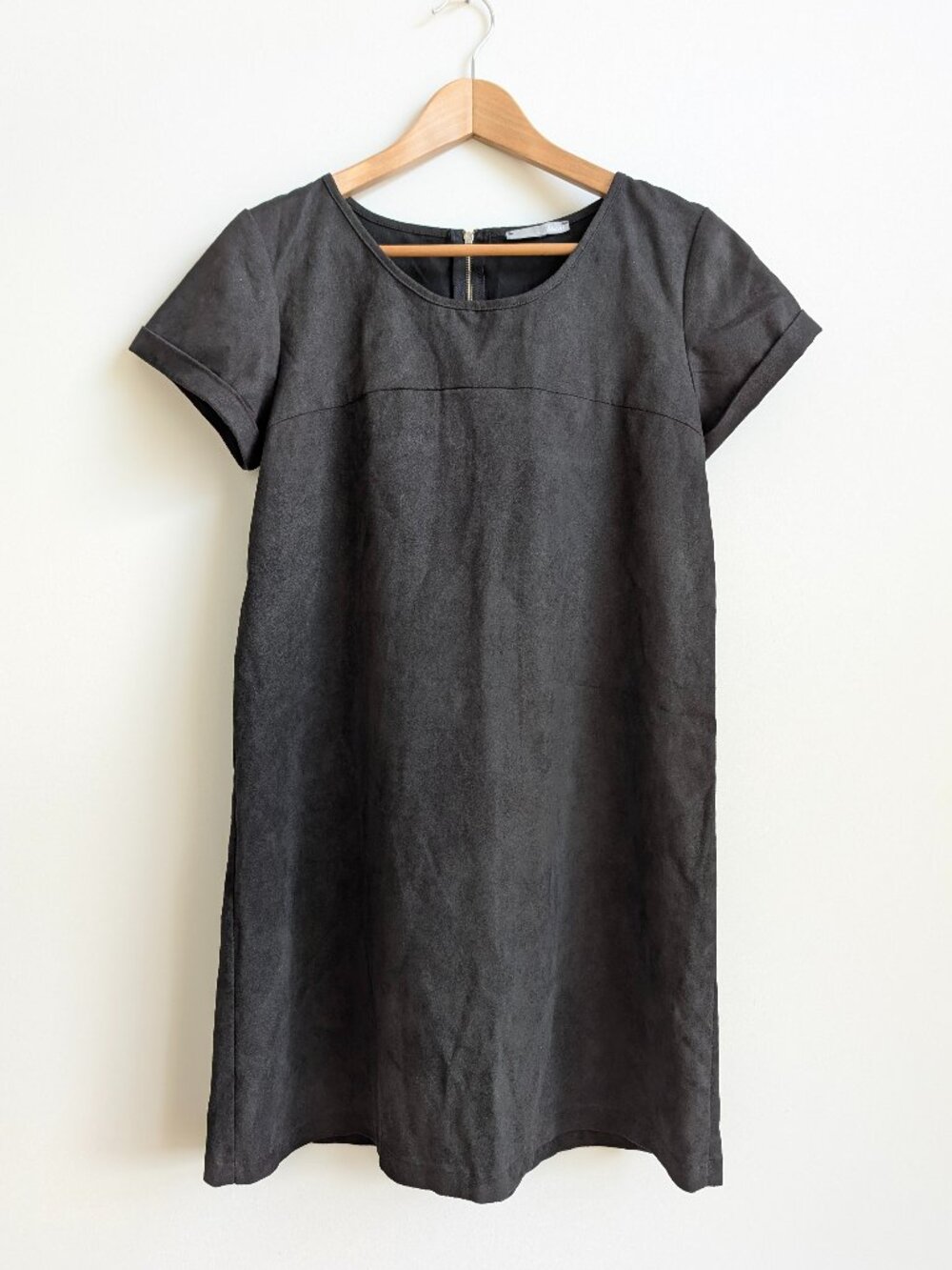 Etam Made in France Black Vegan Suede T Shirt Shift Mini Dress approx Me…